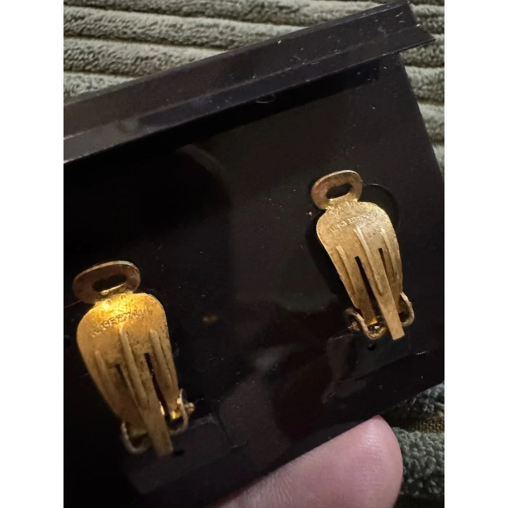 Vintage W. Germany Gold Tone Oval‎ Clip On Earrings Elegant Rhinestone Accents